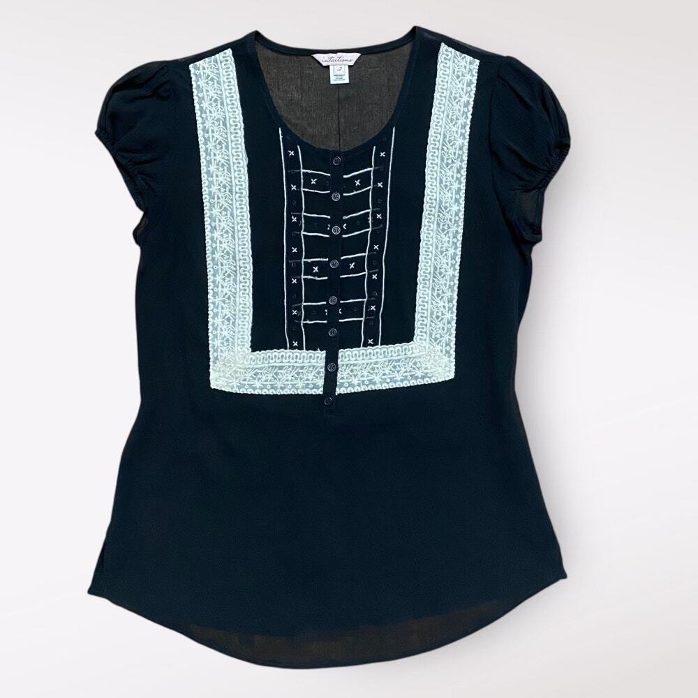 Intuitions Vintage Silk Tie-Back Sheer Blouse Womens‎ Size 2 Black Coquette